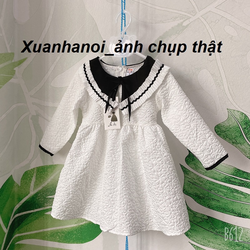 Váy bé gái dài tay mầu trắng cổ đen dập ly babydoll 8-30kg XHN1078