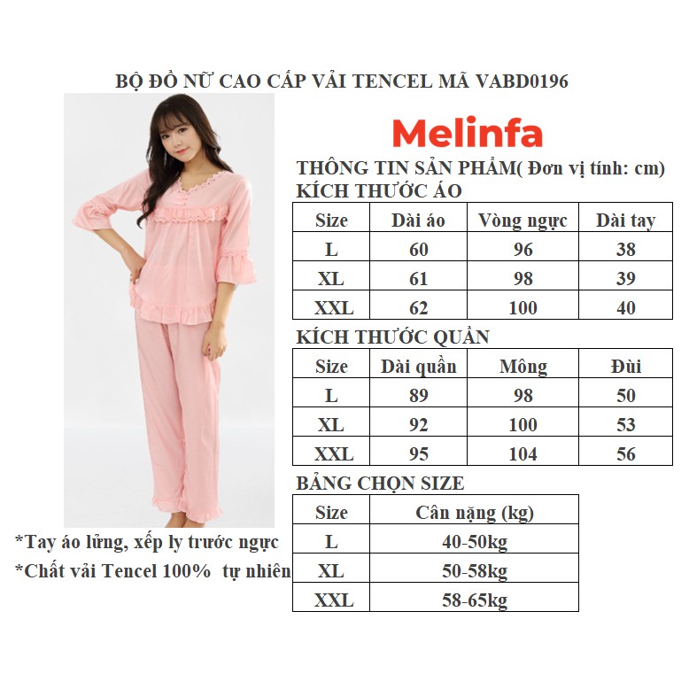 Bộ đồ ngủ nữ cao cấp vải Tencel (gỗ Bạch đàn) mặc không nhăn tự nhiên , Pijama nữ phối ren quần dài mã VABD0196