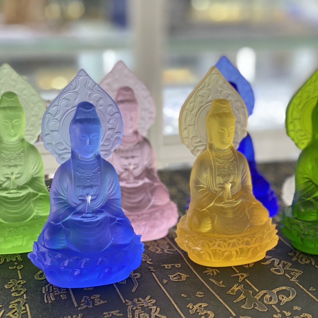 Tượng Quan Thế Âm Lá Bồ Đề, Quan Thế Âm Để Ô tô Đá LƯU LY - Kích Cỡ 12cm ( Nhiều Màu )