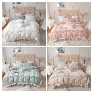 Bộ chăn ga gối cotton lụa bèo ren công chúa hàng nhập khẩu cao cấp 4 món 4 màu nhẹ nhàng