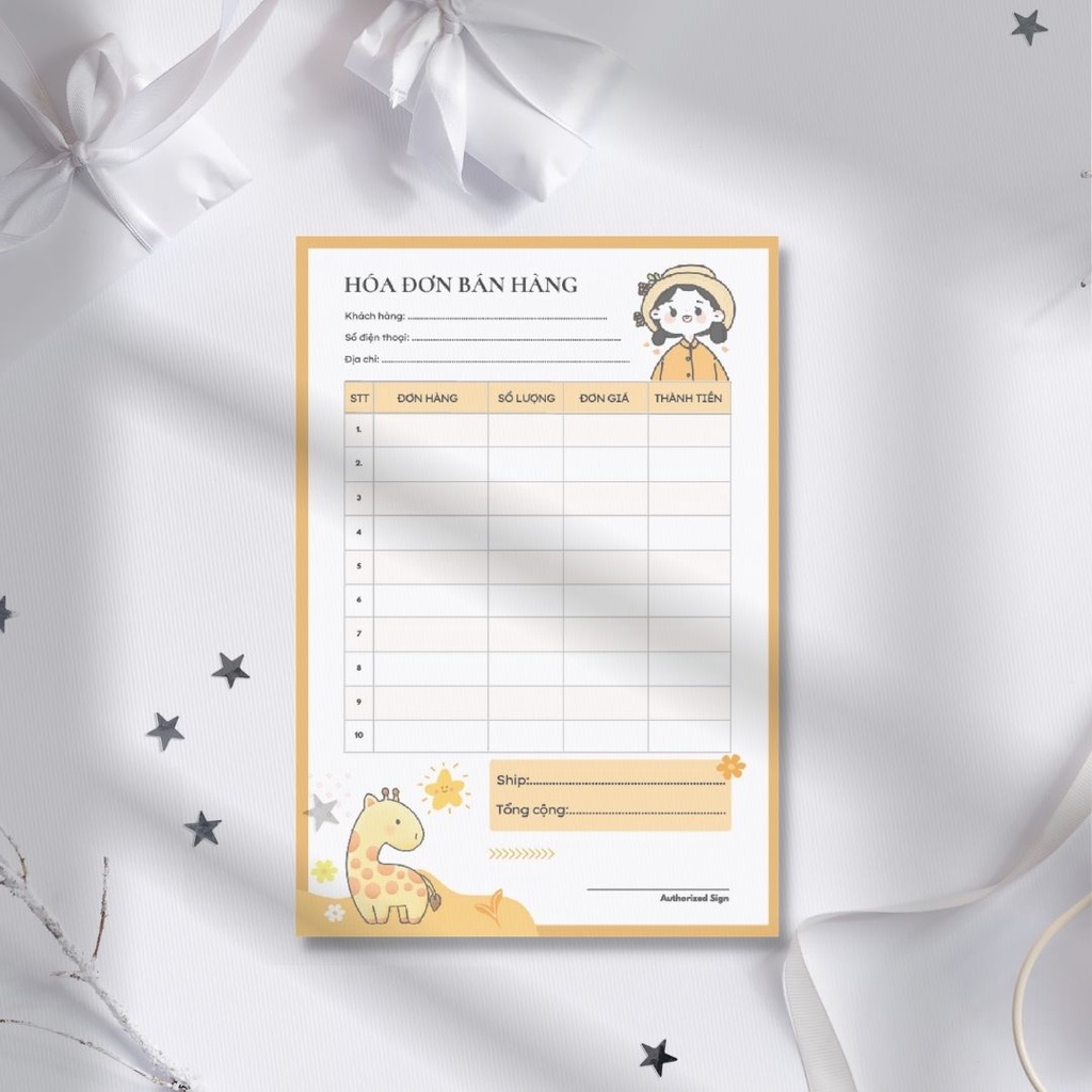 Tập 50 tờ, hóa đơn bán hàng, Hoá đơn bán lẻ giấy photo hoạt ảnh cực cute size 21x14.5cm