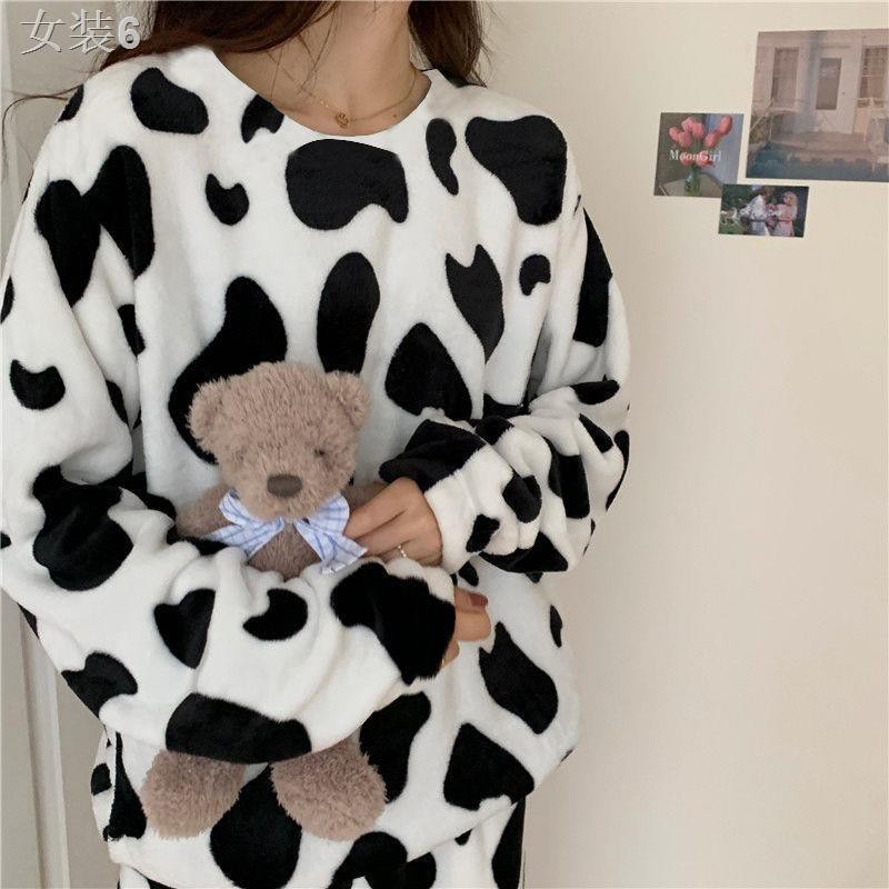 ❆ins flannel pijama nữ mùa thu đông phiên bản Hàn cộng với nhung dày đồ ngủ ngọt ngào phục vụ tại nhà bộ hai mảnh