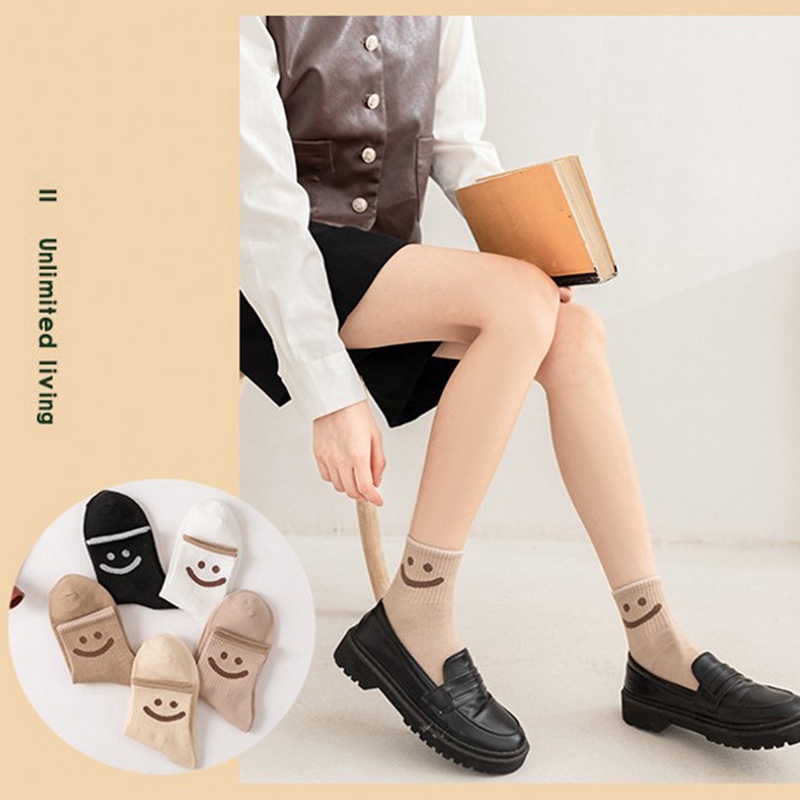 Vớ Cổ Trung Thoáng Khí Họa Tiết Mặt Cười Dễ Thương Phong Cách Nhật Bản Thời Trang Xuân Hè Cho Nữ Sinh