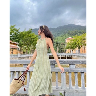 Đầm Maxi cổ yếm thắt nơ lưng 2 màu trắng xanh