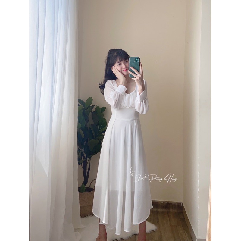 [ẢNH & VIDEO THẬT]_Đầm Midi Voan Chiffon Cổ Vuông Ngực Xếp Ly Freesize 40-60kg HANNHOUSE 1361