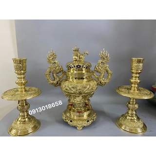 Bộ đỉnh lư thờ bằng đồng nguyên chất 50cm, bộ đỉnh thờ tam sự đỉnh nến 50cm. Bộ đồ thờ đỉnh đồng hàng dày dặn