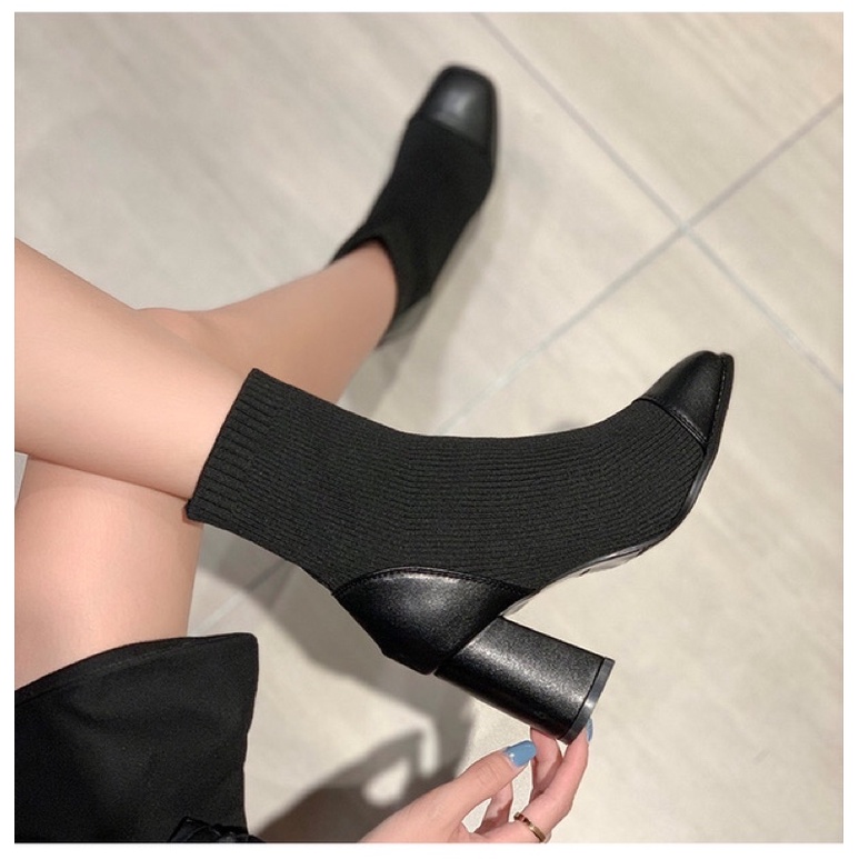 Boots len ulzzang cổ ngắn gót vuông cao 8cm không khoá | BigBuy360 - bigbuy360.vn
