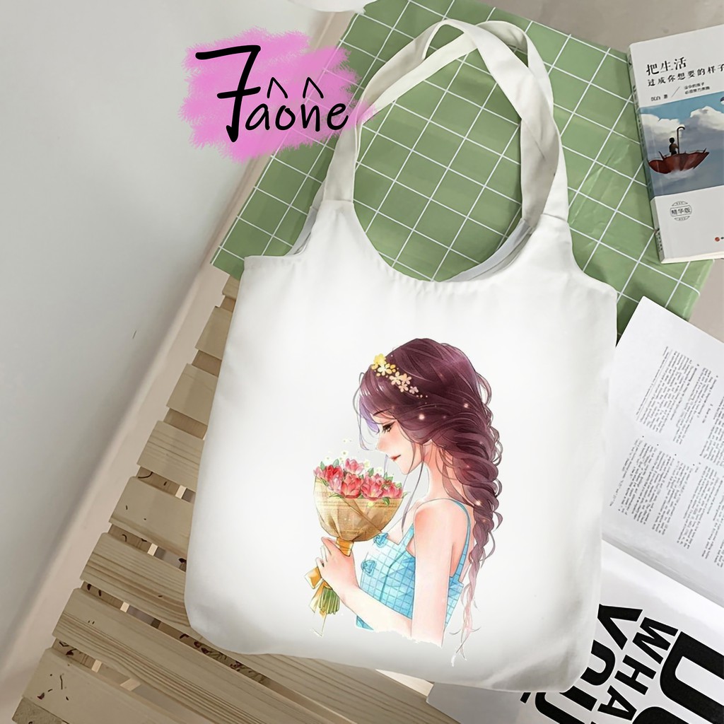 TÚI VẢI QUAI TRÒN CÔ GÁI VÀ HOA CƯỚI CÓ TÚI CON TOTE VẢI CANVAS