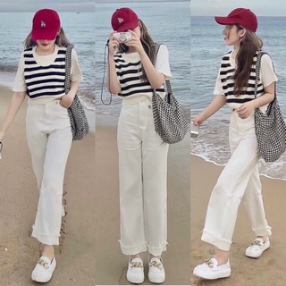 Set áo thun áo gile sọc kèm quần ống rộng