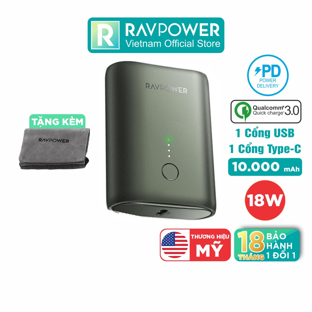 Pin Sạc Dự Phòng Siêu Nhỏ RAVPower RP-PB194 10000mAh + PD 18W + QC3.0 Kèm Túi Đựng - Hàng Chính Hãng