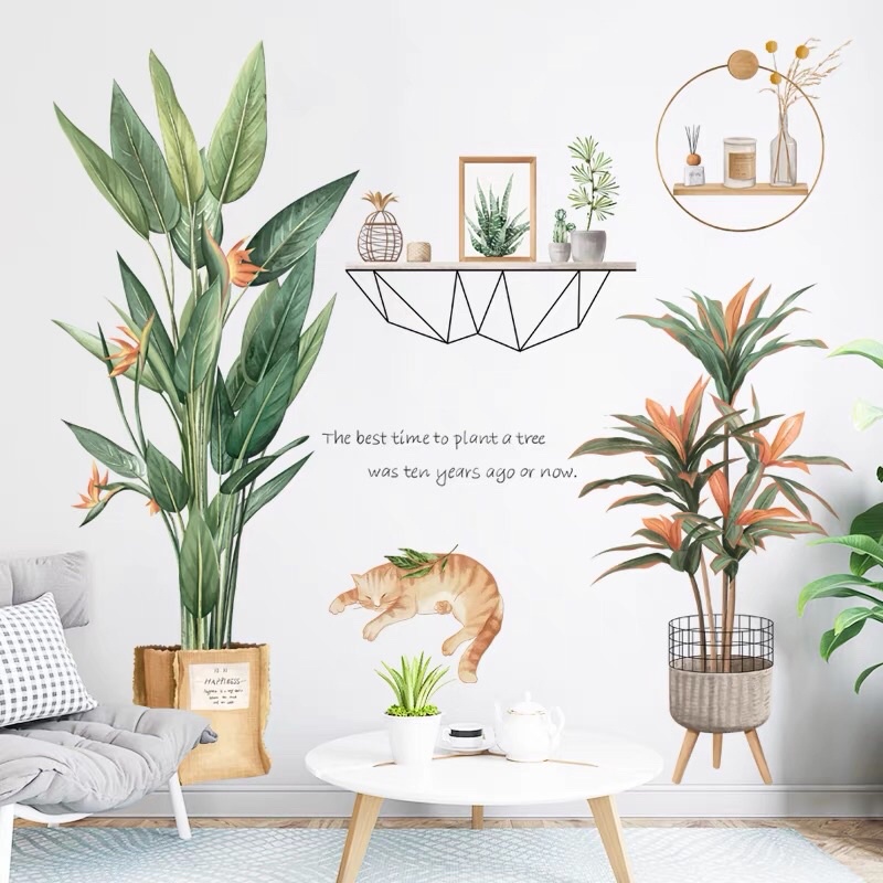 Decal dán tường chậu cây và chú mèo dễ thương