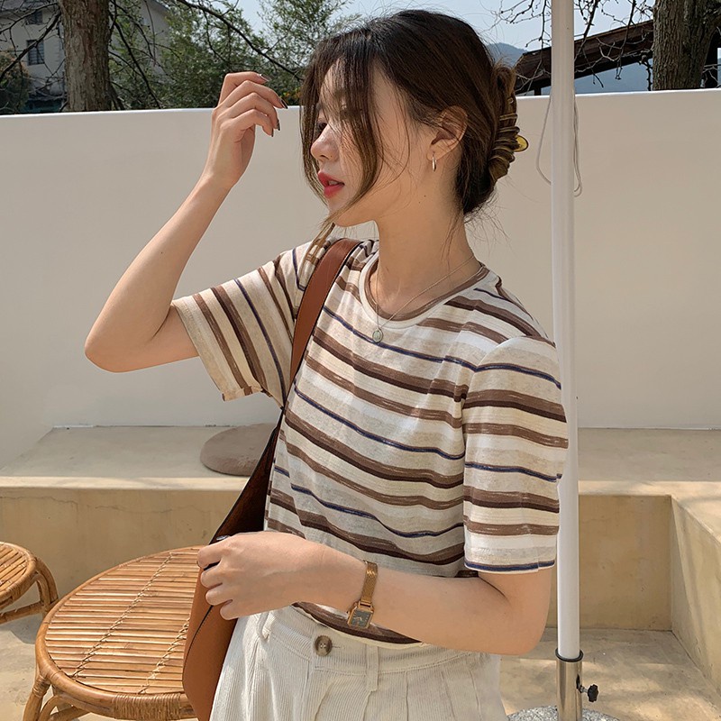 Áo Thun Nữ Tay Ngắn Kẻ Sọc Ngang Màu Sắc Trẻ Trung Thời Trang