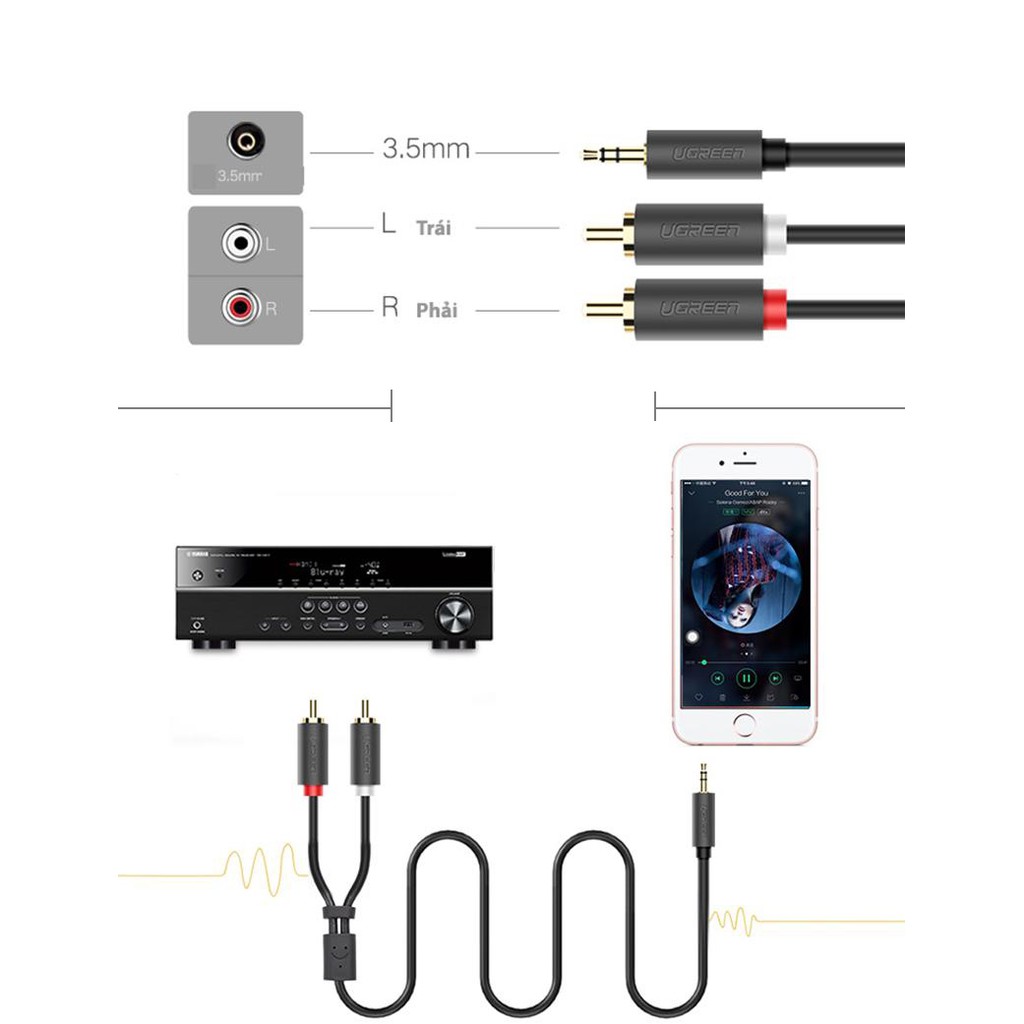 Dây cáp audio 3.5mm ra 2 đầu AV RCA bông sen OFC 4N gold 24K  0.5 mét đến 10 mét Ugreen AV102