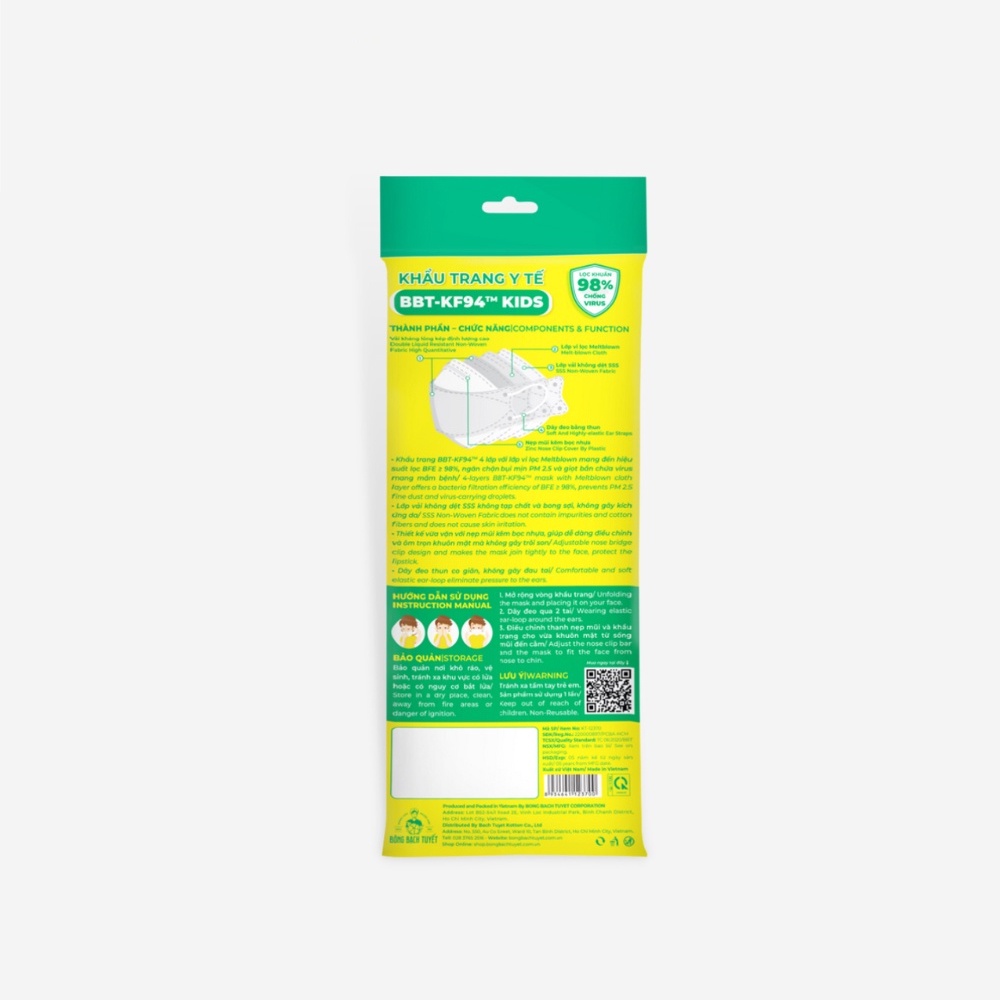 Khẩu trang y tế kháng khuẩn trẻ em Bông Bạch Tuyết thiết kế KF94 BBT Kids hình khủng long dễ thương cho bé - Gói 10 cái
