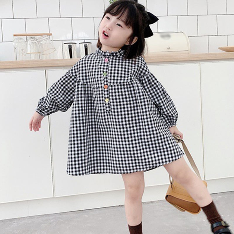 Đầm Tay Dài Dáng Rộng Kẻ Sọc Caro Màu Trắng Đen Phong Cách Phương Tây Hàn Quốc Cho Nữ