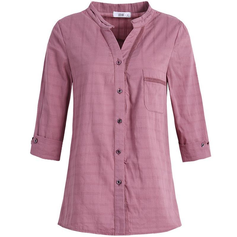 Áo sơ mi cotton tay lửng dáng rộng kẻ sọc caro thiết kế dành cho phụ nữ trung niên