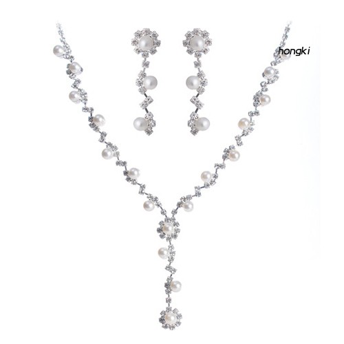 Bộ vòng cổ + bông tai dáng dài đính ngọc trai nhân tạo thời trang cho nữ