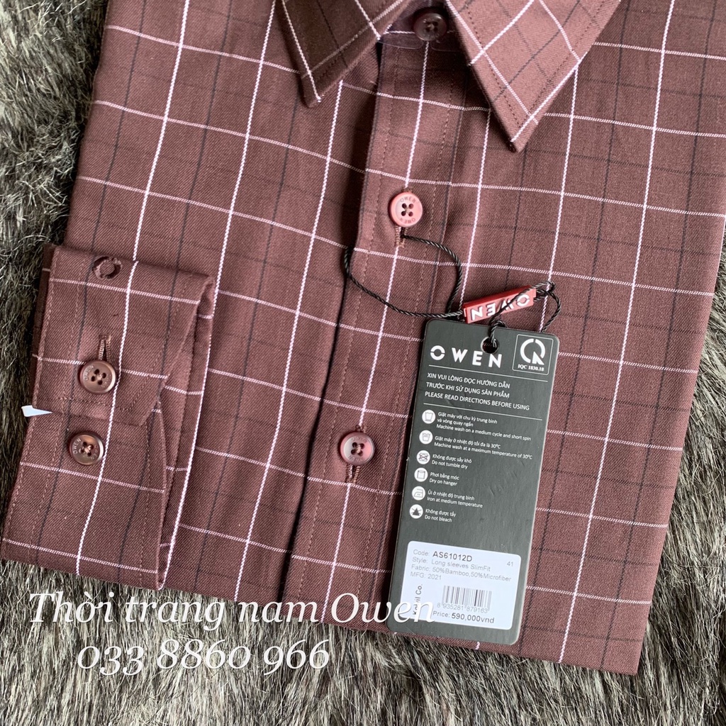 OWEN - Áo sơ mi dài tay Owen Slimfit chất sợi tre kẻ ca rô màu nâu 61012 | BigBuy360 - bigbuy360.vn