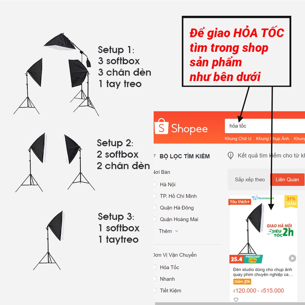 Bộ đèn studio chụp ảnh, quay phim, Livestream chuyên nghiệp, cao 2m softbox 50x70cm