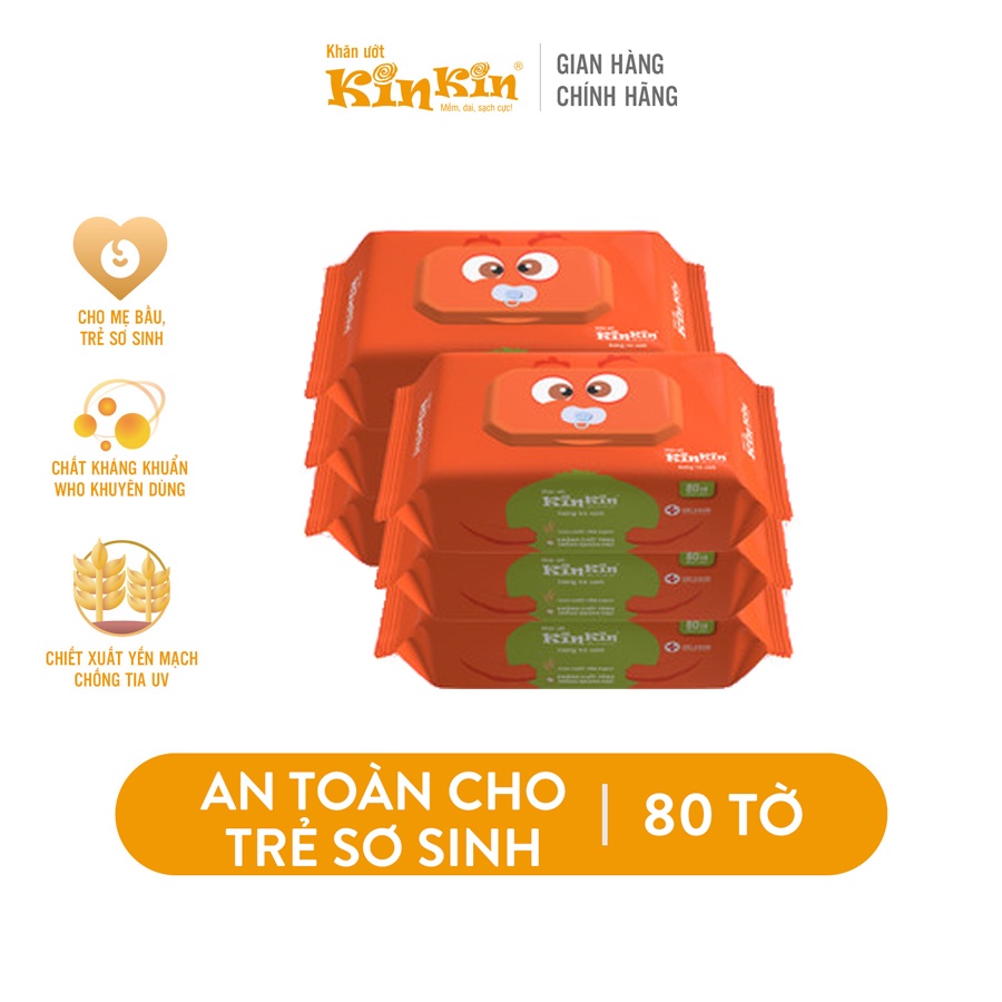 Khăn ướt cho bé chăm sóc da KinKin có nắp 80 tờ/gói - Combo 6 gói