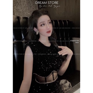 Đầm body đen kim sa eo phối lưới đính đa
