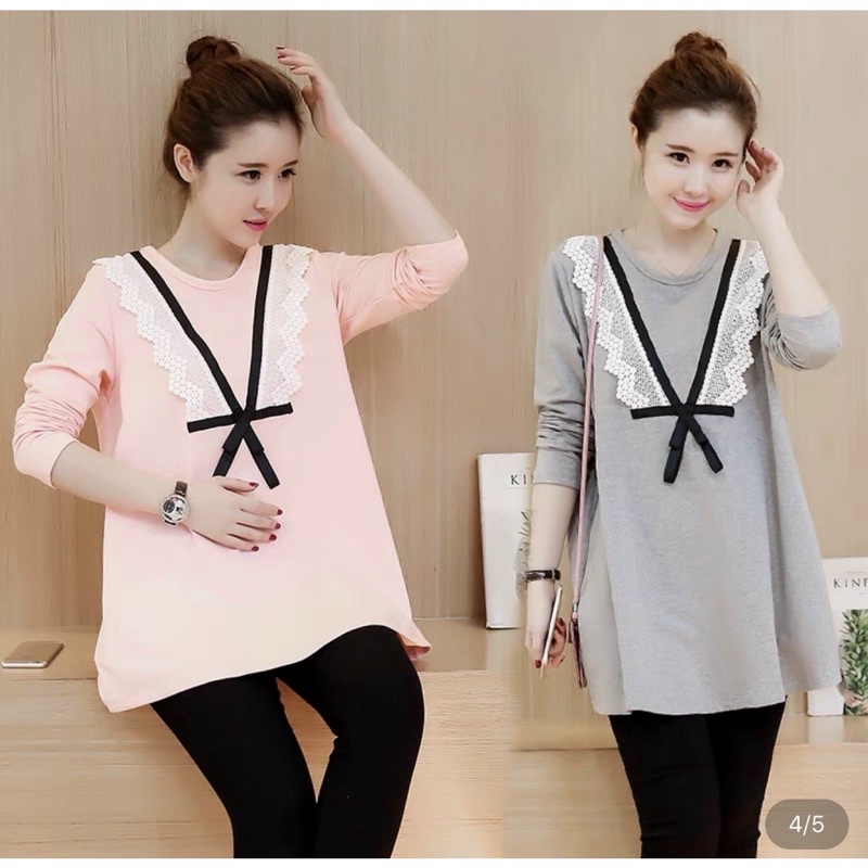 Áo bà bầu dài tay thu đông cotton zip cổ tròn viền ren công sở đi chơi dáng xuông thết kế cao cấp