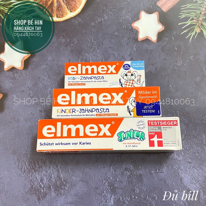 (Bill Đức, có set 2) Kem đánh răng Elmex, kem đánh răng trẻ em cho bé từ 0-12 tuổi, nuốt được, hàng Đức