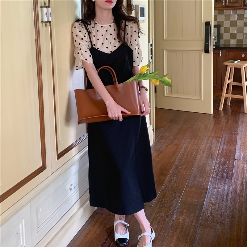 Đầm Ngắn Tay Giả Hai Lớp Trơn Màu Cổ Điển Dành Cho Nữ 43748