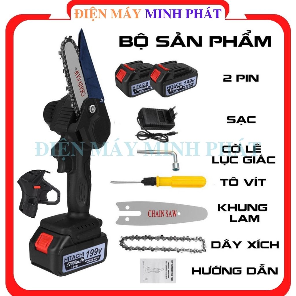 Máy cưa xích cắt cây gỗ cành cầm tay Hitachi 199V Pin 10 cell cưa mini, Lõi đồng 100% lưỡi lọng vòng