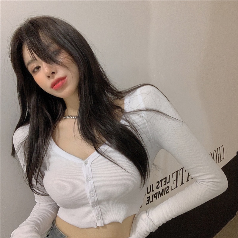 Áo dệt kim tay dài thiết kế cổ chữ V quyến rũ cho nữ