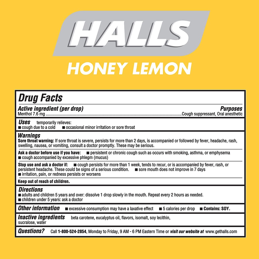 Kẹo ngậm ho HALLS Sugar Free Honey Lemon Flavor Cough Drops 180 viên.