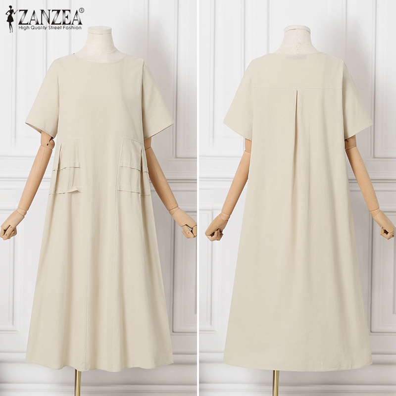 Đầm dài ZANZEA cổ tròn tay ngắn xếp ly thời trang cho nữ