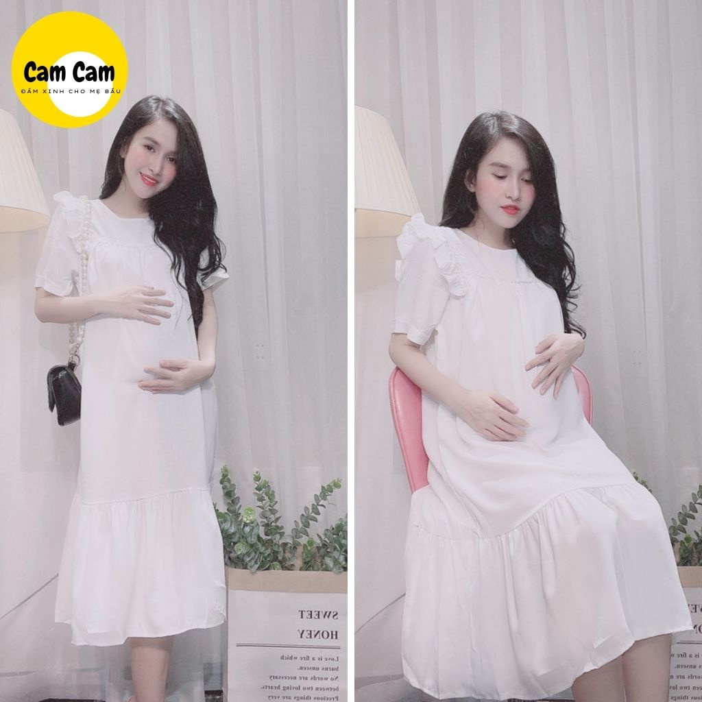Đầm bầu xinh SALE SOCKĐầm bầu dự tiệc, cách tầng trắng xinh, vai bèo, tay phồng, mã ĐB1008