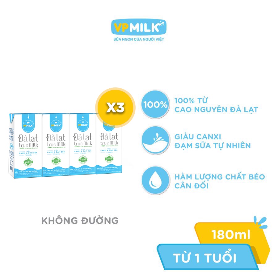 Combo 3 lốc sữa tươi UHT Đà Lạt True Milk VPMilk không đường 180ml (lốc 4 hộp x 3)