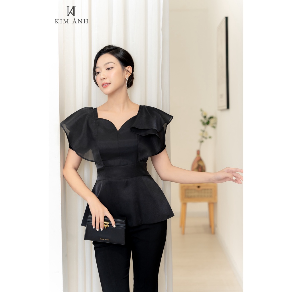 Áo Kiểu Nữ Công Sở Cổ Tim Phối Tay Xòe Bồng Cánh Tiên, Chất Liệu Tơ Oganza, Đuôi Áo Xòe Bo Eo 4 Màu AKSX31006 : MADIE