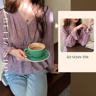 Áo sơ mi voan nhẹ nhàng style Hàn Quốc, Áo sơ mi tím cổ V hoa nhí