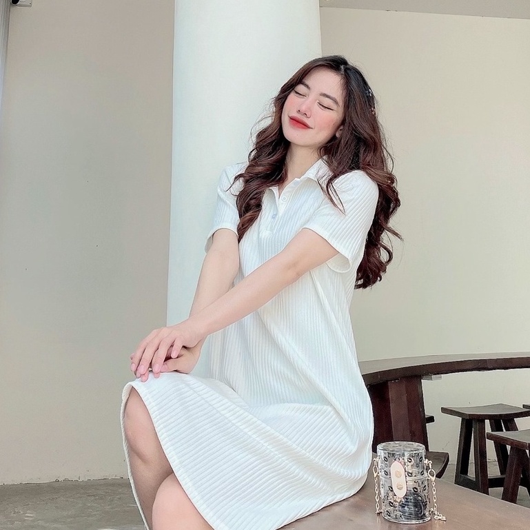 Đầm polo nữ FMSTYLE cổ bẻ dáng suông dài basic chất thun tăm tay ngắn thoải mái 211112518