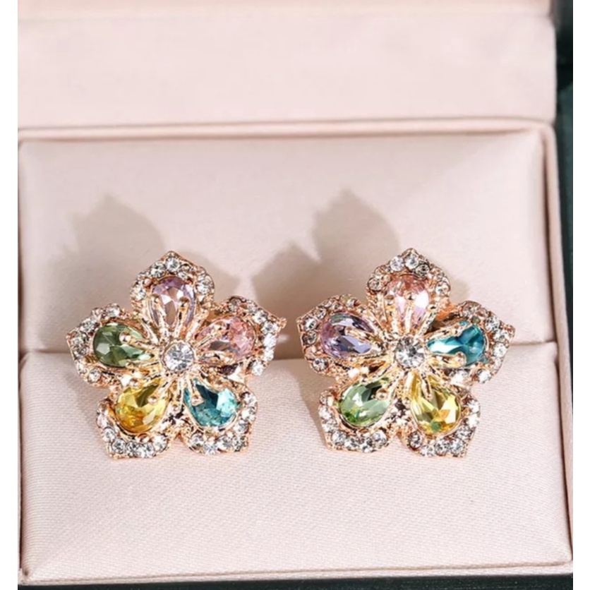 Bông tai cao cấp S925.Bông tai thiêt kế hoa 5 cánh đính đá sắc màu.