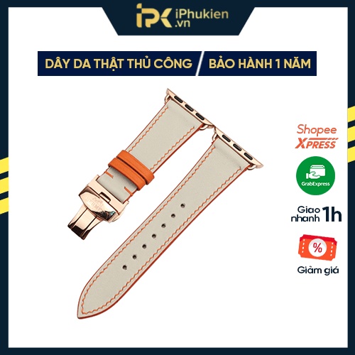 Dây Da Handmade [DA THẬT, BẢO HÀNH 1 NĂM] Swift Xám Chỉ Cam cho Apple Watch Seris 1/2/3/4/5/6/7