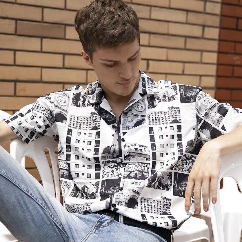 Áo Sơ Mi Nam Tay Ngắn ICON DENIM Cổ Danton Họa Tiết Sài Gòn In Trắng Đen Vải Chun Chéo Mềm Mát | BigBuy360 - bigbuy360.vn