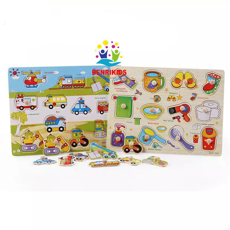 Combo 2 Bảng Núm Gỗ Cầm Tay Chủ Đề Phương Tiện Và Vật Dụng Gia Đình Cho Bé Phát Triển Tư Duy