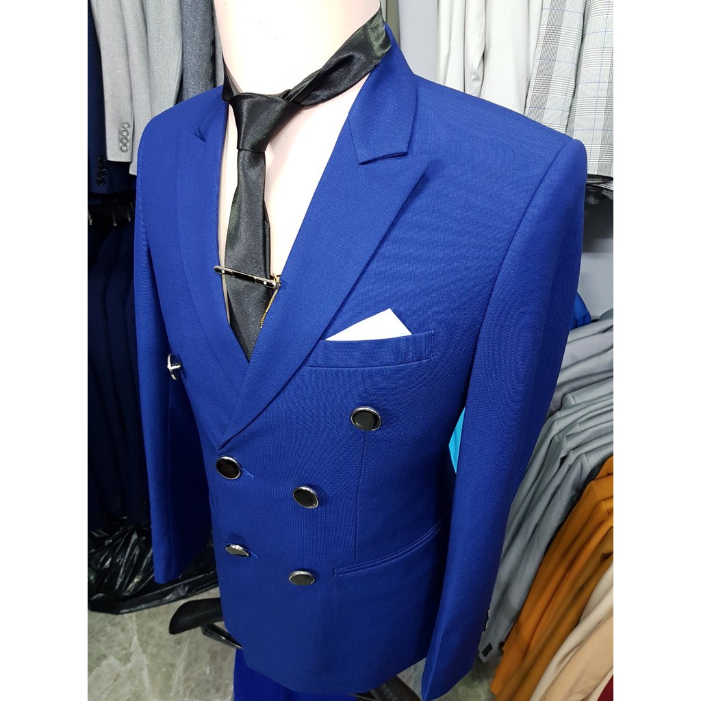 Bộ vest nam ôm body 6 cúc màu xanh coban + phụ kiện cà vạt kẹp nơ