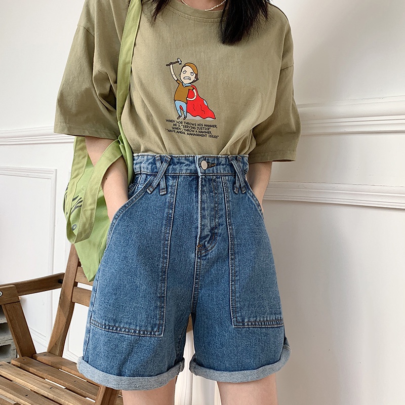 Quần short jeans nữ See Ever cạp cao trơn màu xanh denim phong cách Hàn Quốc