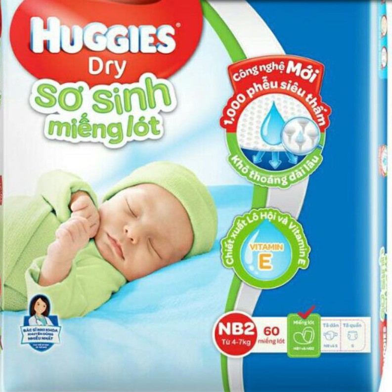 COMBO 2 BỊCH TÃ LÓT SƠ SINH NEWBORN 2 HUGGIES 60 MIẾNG 4-7KG