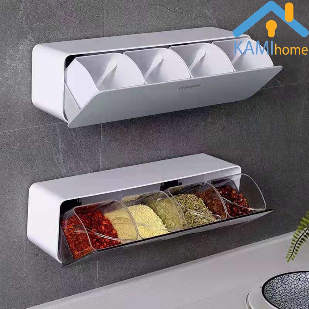 Hũ đựng gia vị gắn tường gồm 4 ngăn rời kèm thìa xúc tiện lợi mã 20083