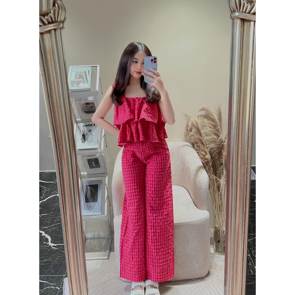 [8.8 Sales Freeship] Set bộ bèo xốp tiểu thư, set bộ xốp caro cánh tiên bèo 2 tầng quần dài ống rộng dễ thương dx