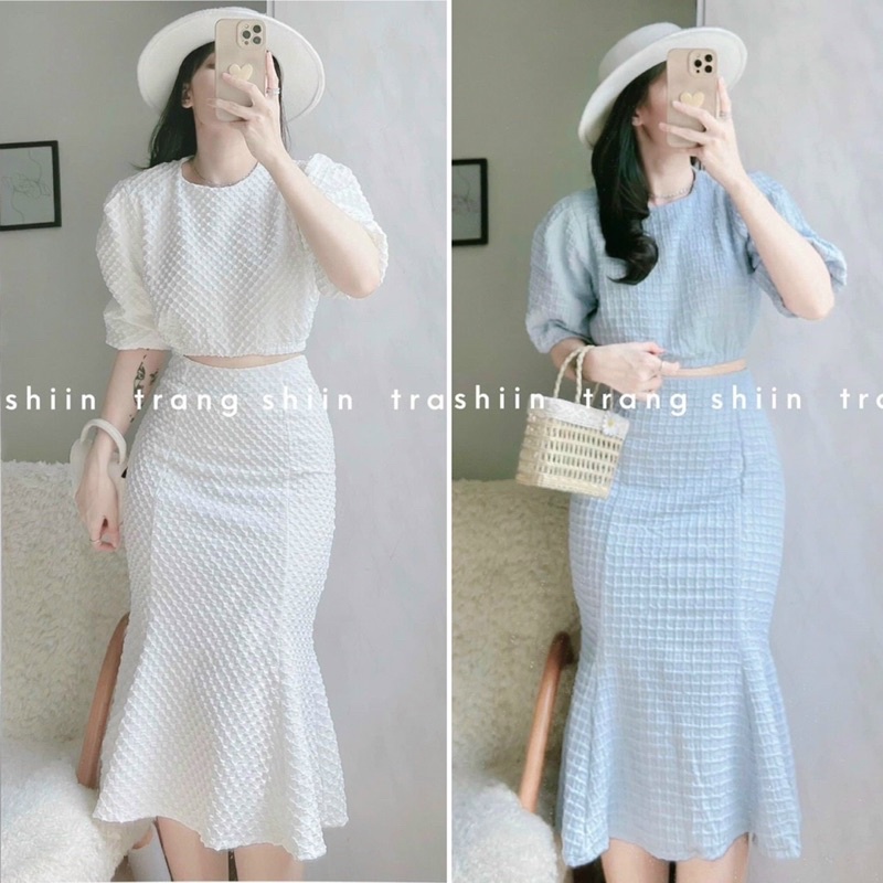 về thêm màu xanh lá Set áo croptop xốp tay phồng với chân váy midi đuôi cá