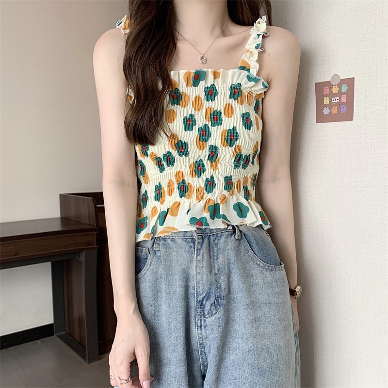 Áo Lửng Hai Dây Dáng Ôm In Họa Tiết Hoa Thời Trang Mùa Hè Phong Cách Hàn Quốc Mới