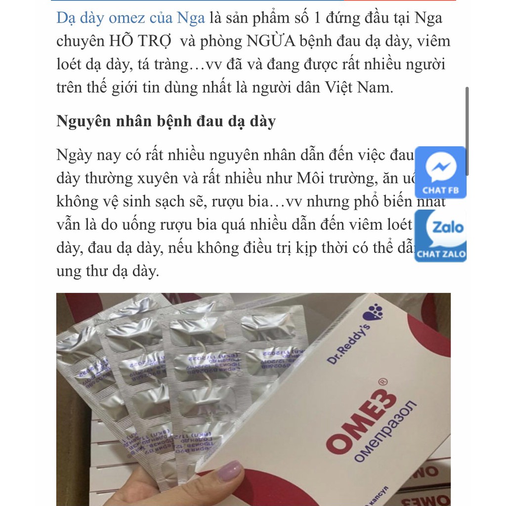 Sản phẩm Dạ dày Omez 20mg hộp 30v chính hãng của Nga