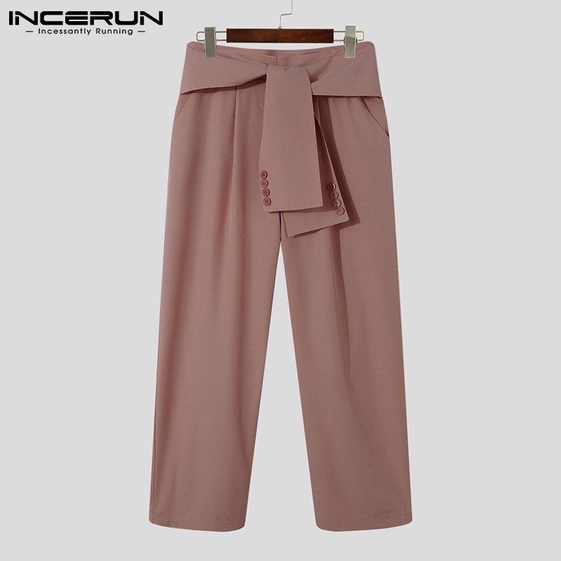 Quần dài INCERUN phối dây buộc màu trơn ống suông rộng thời trang thường ngày dành cho nam